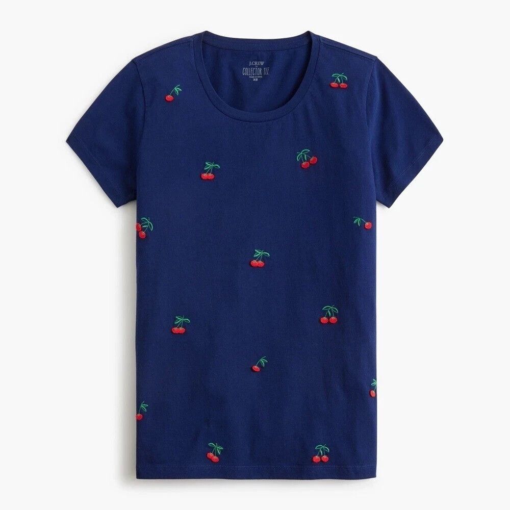 NWT J.CREW Embroidered Red Cherries Collector's Tee Navy Women L